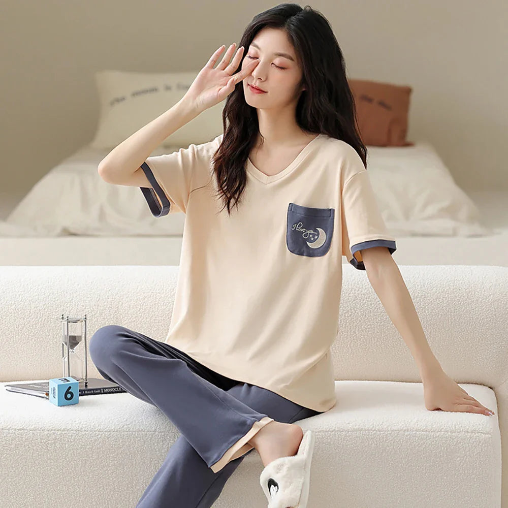 qgtao M-2XL 100% Cotton Women's Pajamas Casual Summer Short Sleeve Thin Pijama Sets Breathable Soft Pajama Sleepwear With Two Pockets