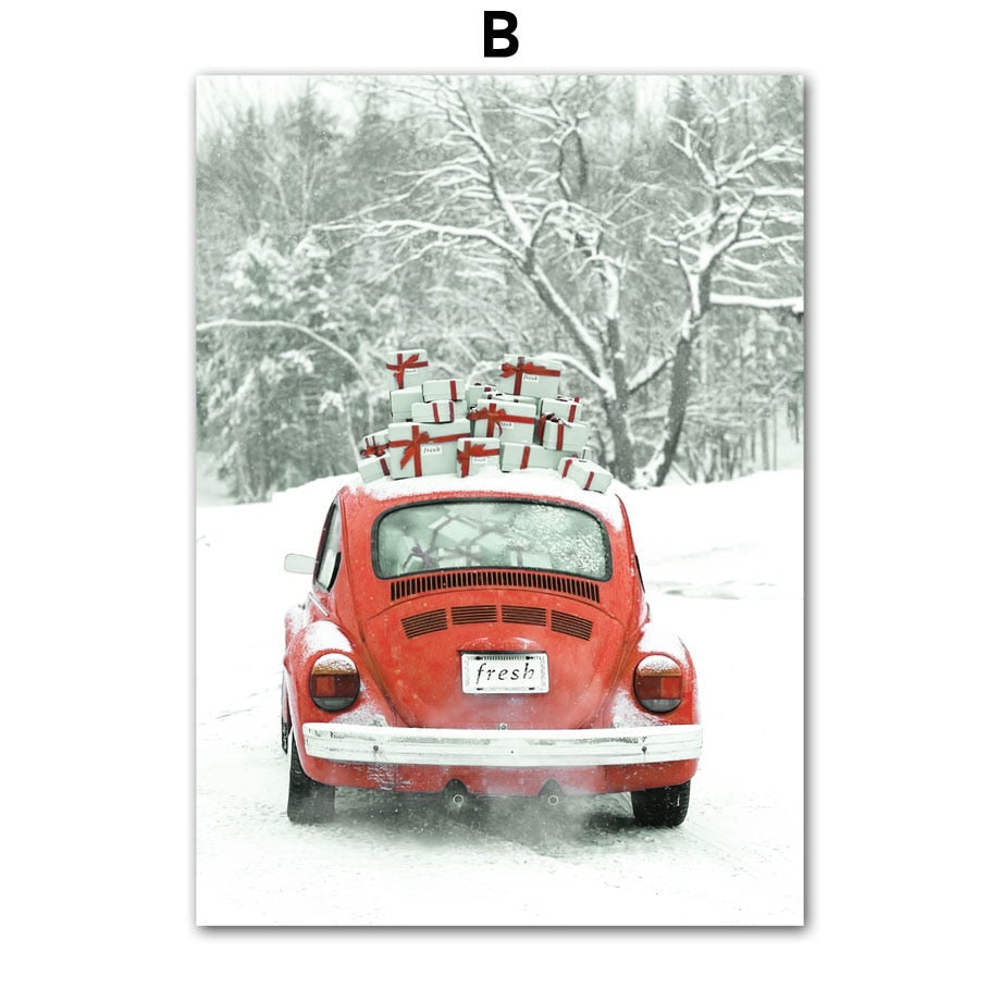 Christmas Gift Winter Red House Vintage Car Wall Art Canvas Painting Living Room Decoration Posters And Prints Wall Pictures