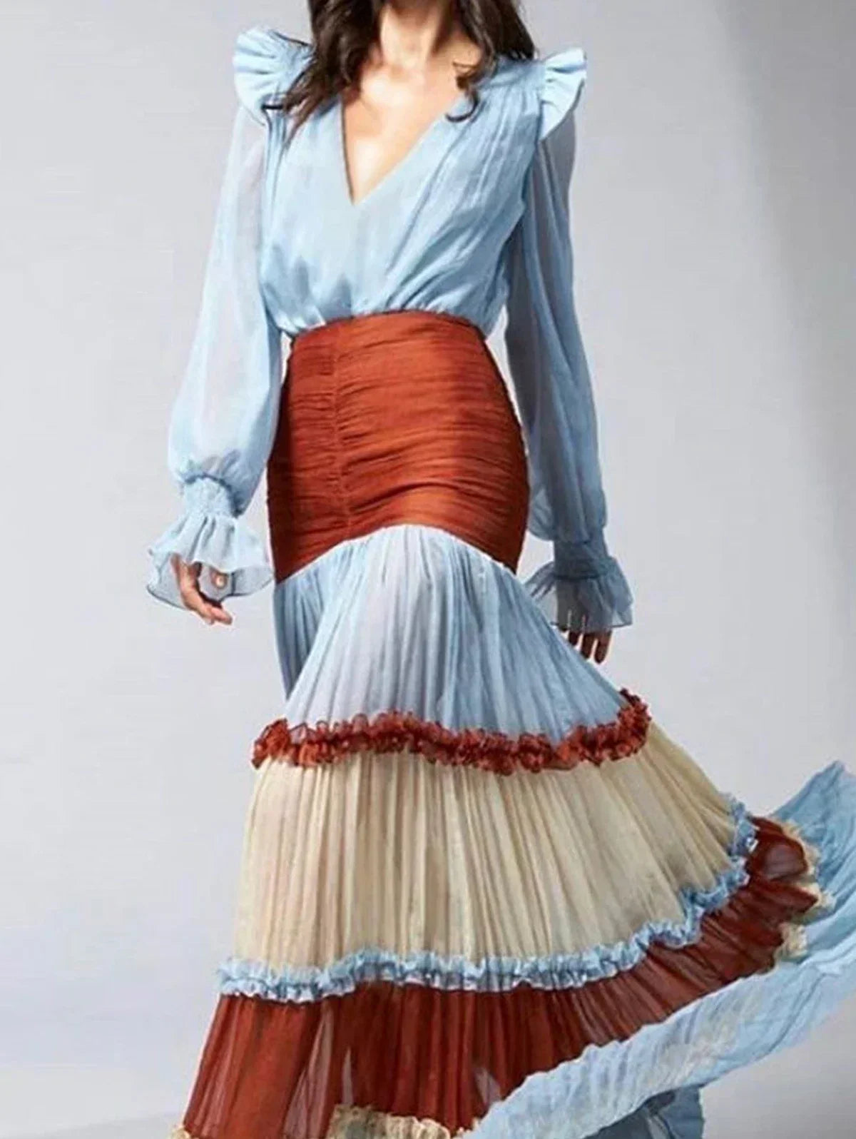 qgtao Elegant Long Dress Women Autumn Deep V Neck Long Sleeve Dress Female Colorblock Ruffle Tiered Maxi Dress Vestidos Femmes