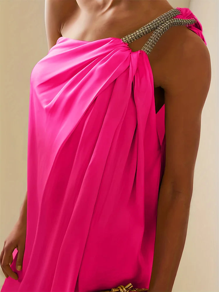 qgtao Plus Size Satin Evening Dresses One Shoulder Formal Party Gown Long Maxi Dress Temperament High Split Dress for Women Vestidos