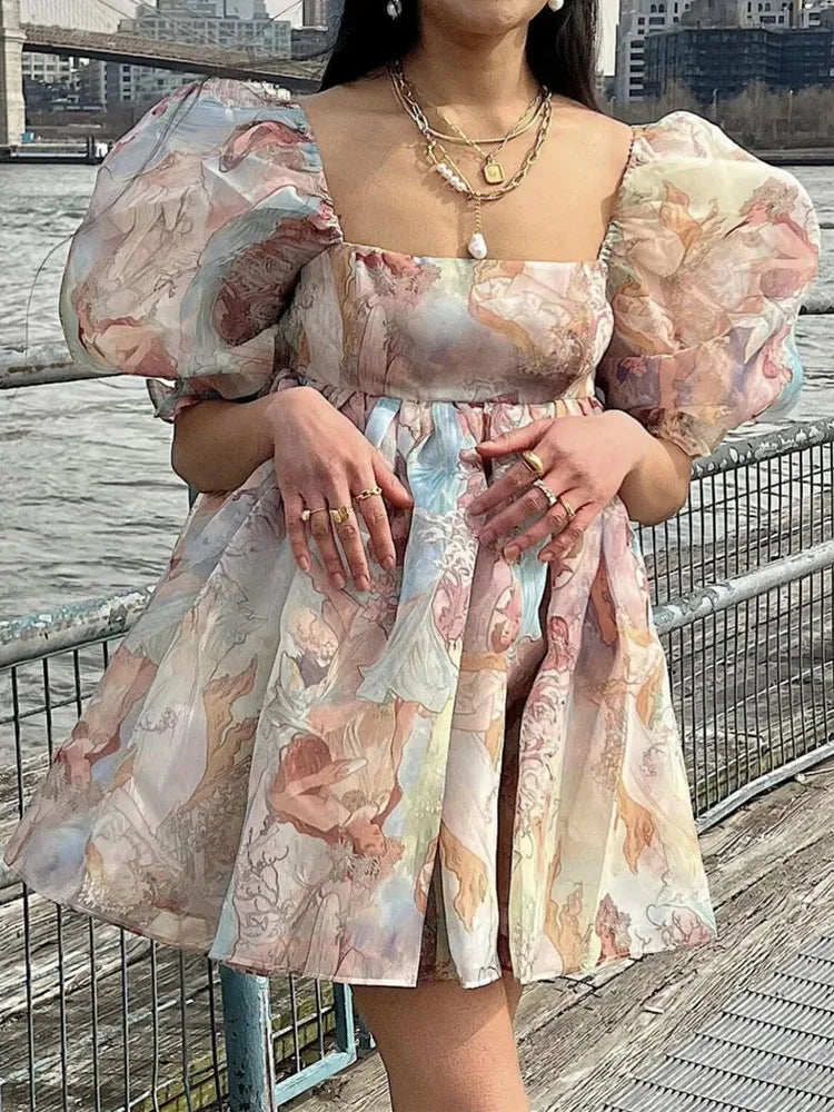 qgtao 2024 Princess Vintage Tie dye Beauty Girl Print Organza Ball Gown Dress Puff Sleeve Women Swing Mini Dresses Fairy Robe Vestidos