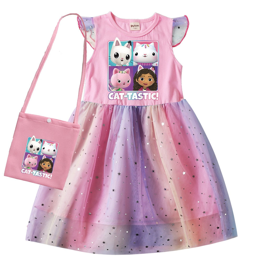 Gabbys Dollhouse Clothes Baby Girls Sleeveless Dresses with Small Bag Kids Cartoon Cats-tastic Wedding Party Princess Vestidos