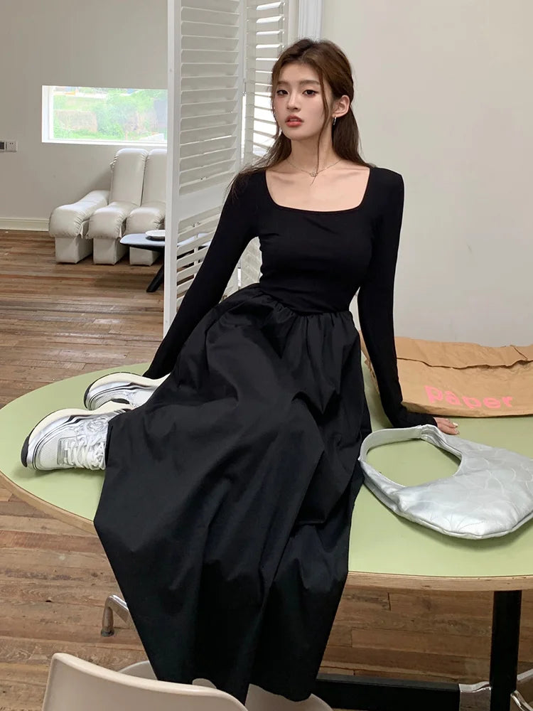 qgtao-New Autumn Fashion Elegant Black Midi Dress for Women Long Sleeve Square Neck Simple Solid Vintage Chic Ladies Dresses Korean