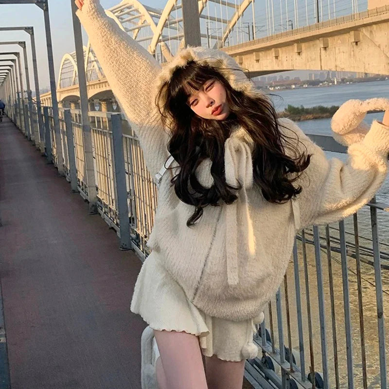 qgtao Coquette White Mini Skirt Women Kawaii Ruffle Patchwork Lace-up Knitted High Waist A-line Fleece Short Skirt Cute Spring