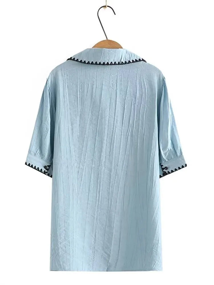 qgtao Plus Size Women's Clothing Short Sleeve T-Shirt Lapel Zigzag Shape Stitches Cotton Inelastic Thin Cardigan Large Size Top Summer
