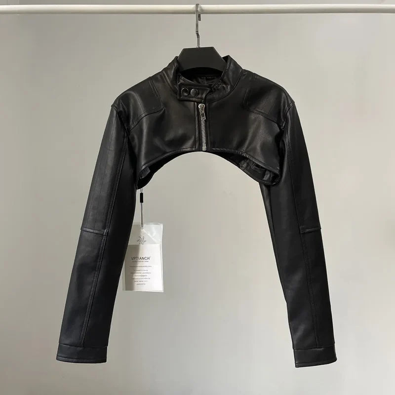 2024 women PU Chic Vintage Black Faux Leather Zipper Zip Up Coat Biker Jacket Women Girls Smock Top Women High Street Bella Outfits