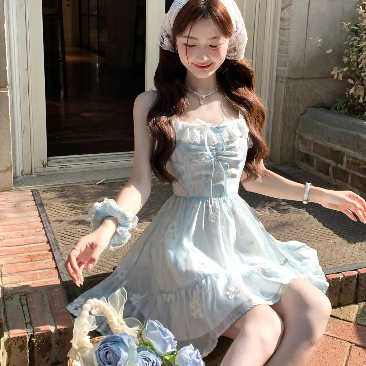 qgtao Autumn Sweet Fairy Mini Lace Dress Women Sexy Chic Embroidered Print Strap Dress Cute Casual Chiffon Beach Vacation Party Dress