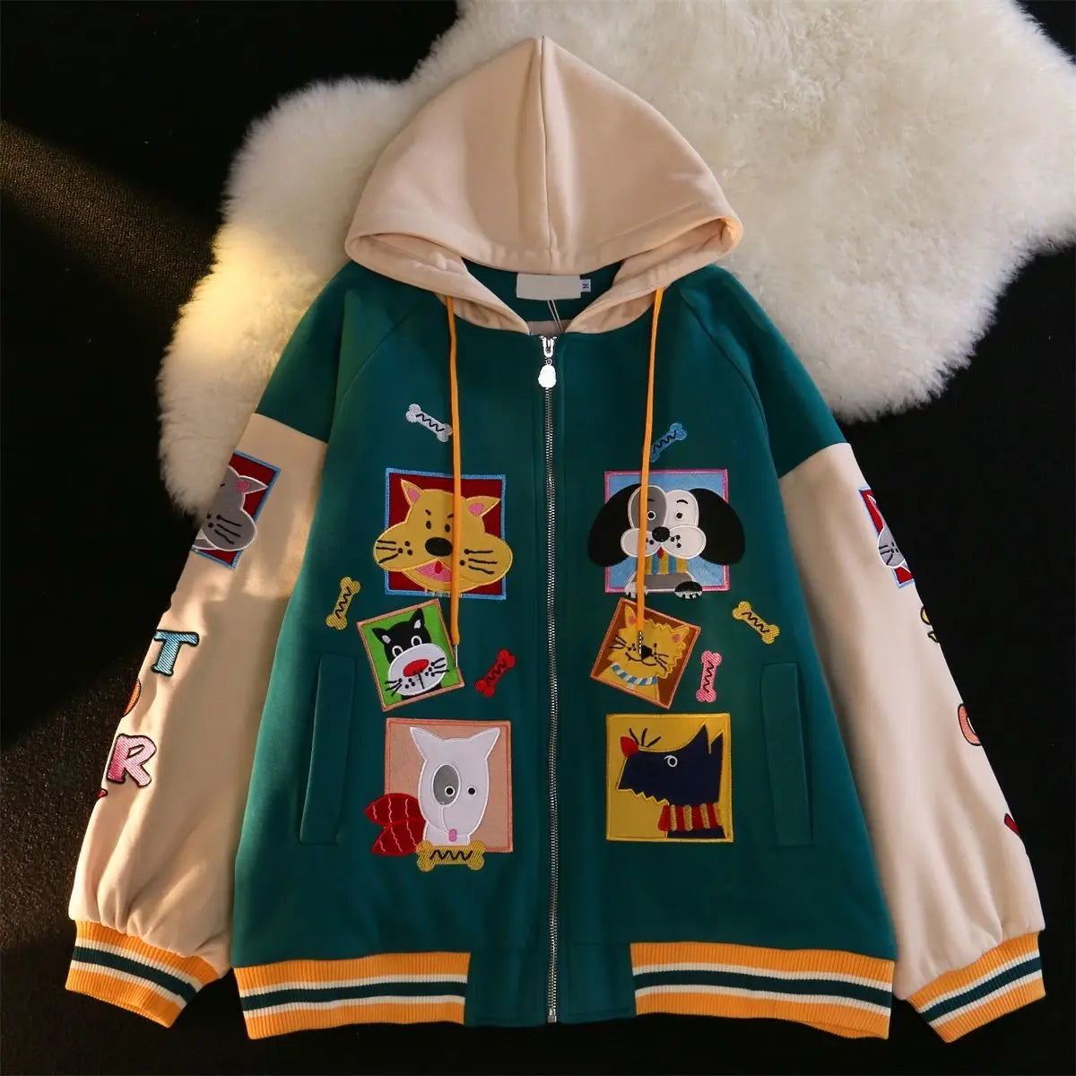 qgtao 2024 Color Block Vintage Cute Cartoon Print Zip Up Hoodies Women Kawaii Spring Clothes Sweatshirt Jackets Coats Oversized Teens
