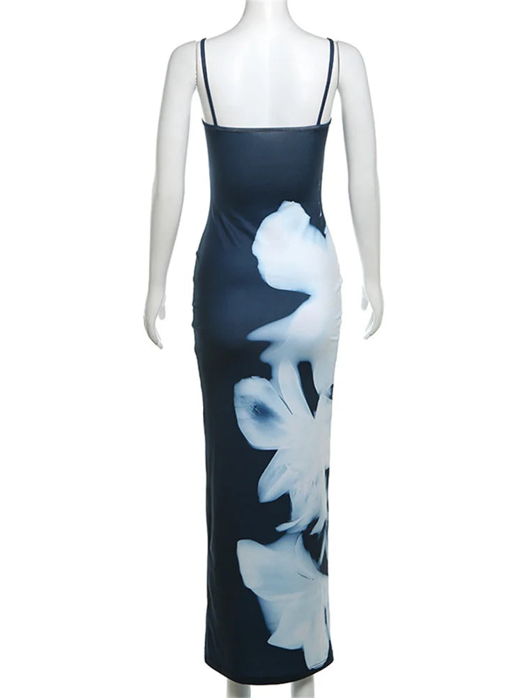 qgtao Tight Fit Women Dress Sling Floral Print Backless High Waist Elegant Maxi Robe Summer Vacation Streetwear Party Robe