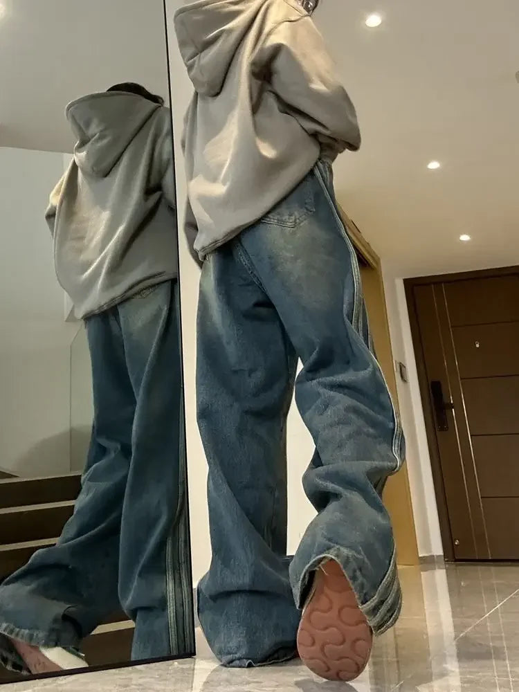qgtao Y2K Vintage High Waist Streetwear Style Blue Jeans Pants Korean Fashion Women's Wide Leg Striped Denim Trouser Female Clothes