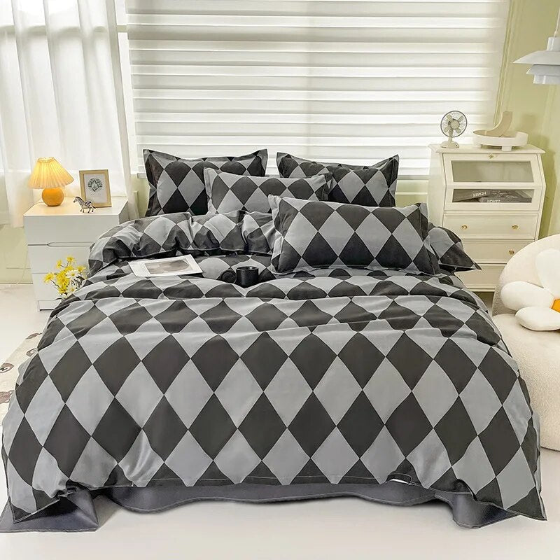 Yeknu - Floral Printed Duvet Cover Set with Sheet Pillowcases Warm Cute Cartoon Bed Linen Full Queen Size Home Gift Bedding Set