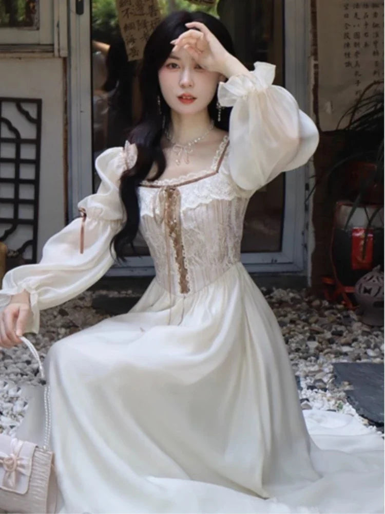 qgtao Autumn Fairy Midi Dresses for Women Lace-up Korean Fashion Slim Wasit A Line Princess Party Dress Vintage Court style Vestidos