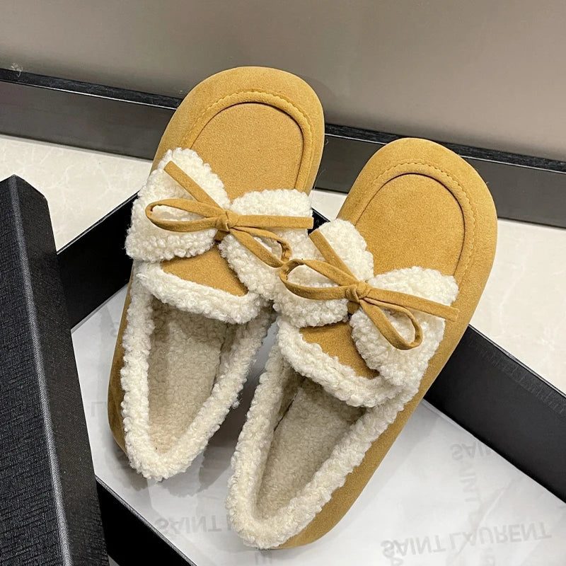 qgtao Bow Fur Women Cotton Shoes Flats Loafers Warm Snow Boots 2024 New Winter Casual Suede Shoes Fashion Short Plush Zapatillas Mujer