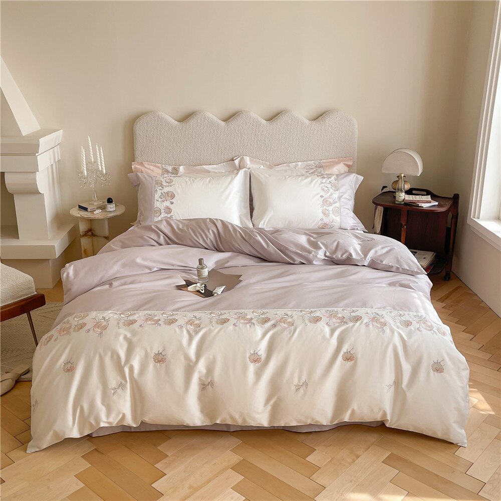 100% Cotton Bedding Set Luxury 4-piece Retro Style 100's Cotton Flower Embroidery Pink Quilt Cover Princess Bedding