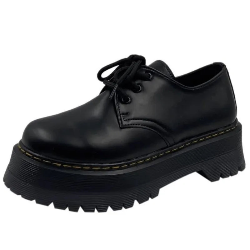 qgtao Loafers Thick Soled Retro Black Leather Shoes Women's 2024 Autumn Winter New Item Japanese Style College Style Lace Up Loafers