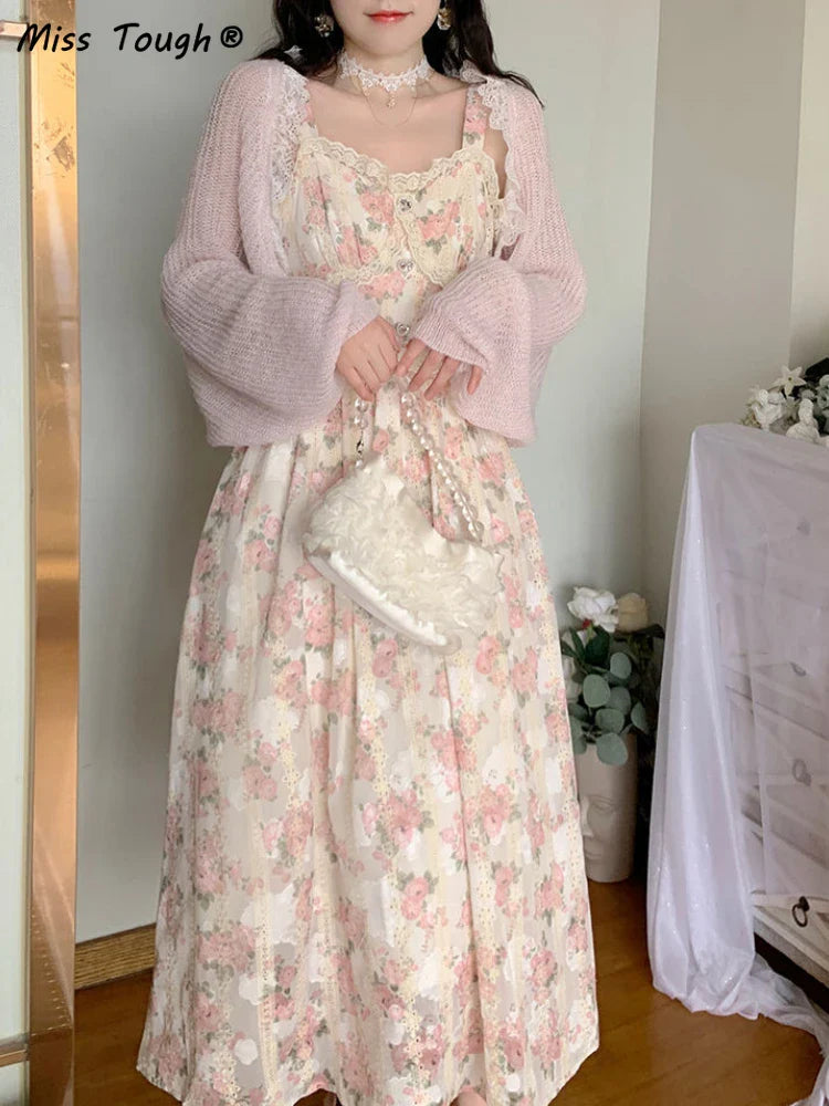 qgtao Elegant Floral Fairy Dress Women Strap Sexy Party Midi Dresses Casual Design Chic Printing High Waist Fashion Female Dress