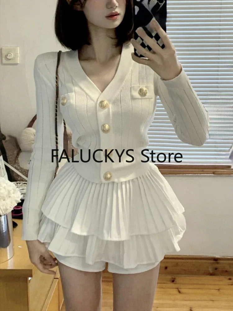 qgtao Elegant Dress 2 Piece Skirt Set Office Lady Casual French Knitted Top + Women Party Sexy Mini Skirt Korean Fashion Autumn 2024
