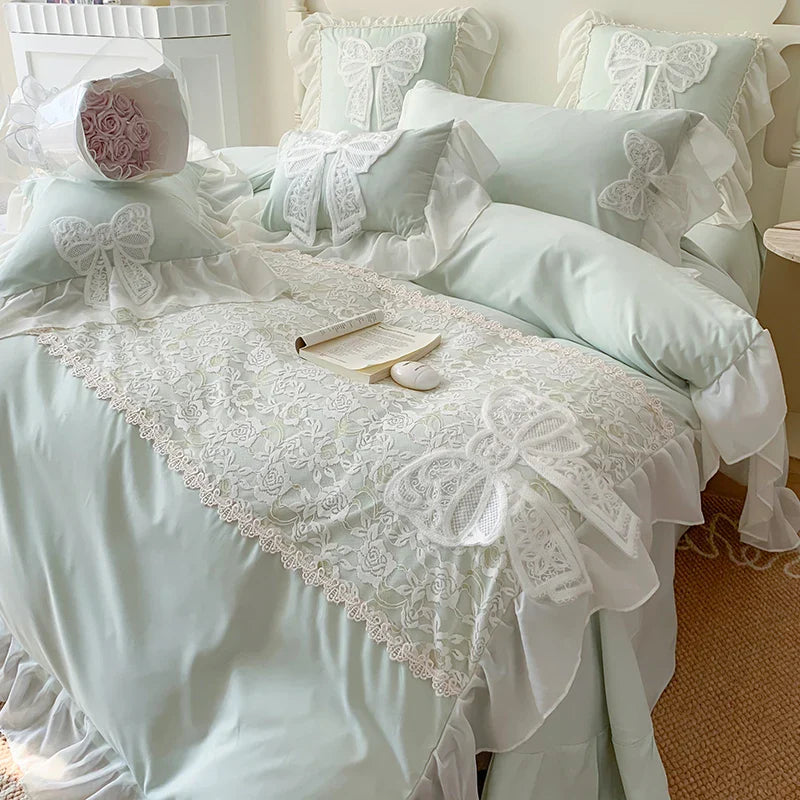 Yeknu Korean Princess Bedding Set Lace Bow Beauty Solid Color Lace Ruffle Quilt Cover Luxury Girls Wedding Home Textiles Duver Cover
