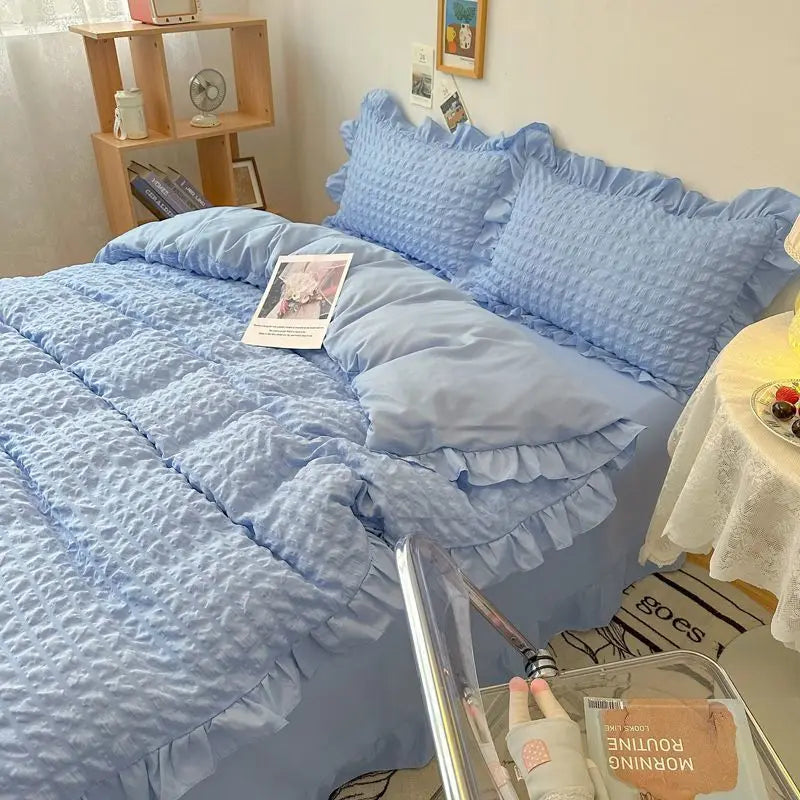 Yeknu Euro Solid Color Ruffle Bedding Sets Girl Couple Fluffy Queen Duvet Cover With Bed Skirt Pillowcase Bedroom Comfort 4 Pieces Set