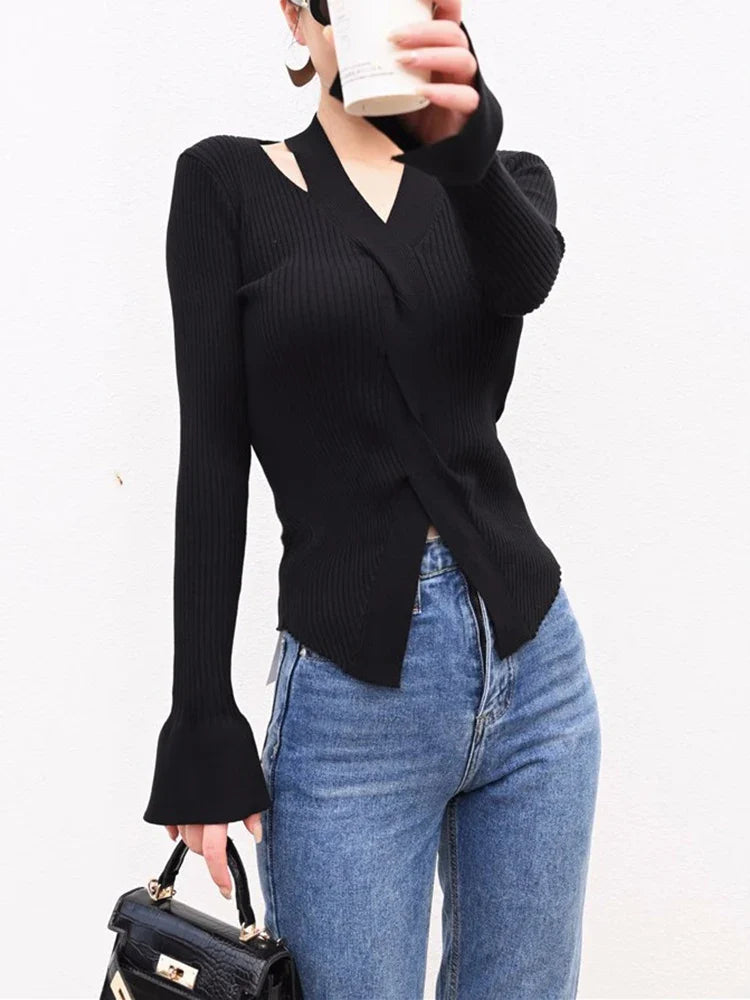qgtao Women's Blouse Chic Hollow out Sexy knitted Pullovers for Autumn Female Korean Clothing Solid Full Sleeve Bottoming Shirt