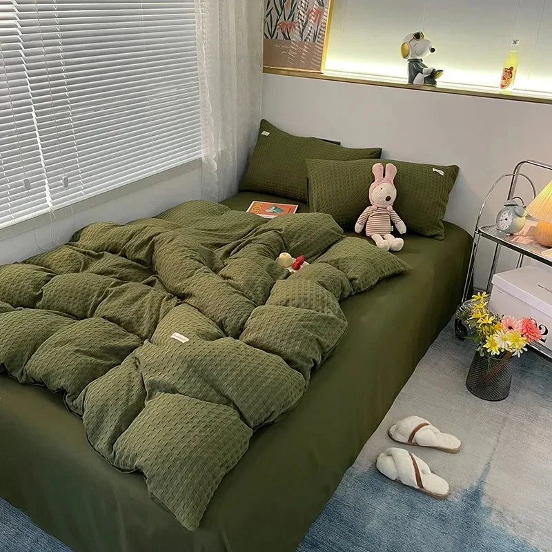 Yeknu Waffle Four Piece Set Simple Washed Cotton Solid Color Bed Sheet Duvet Cover Pillowcase No Duvet and Pillow Core Bedding Set