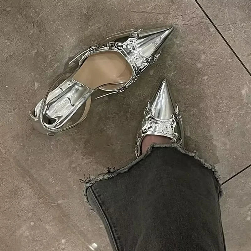 qgtao Y2K Silver High Heels Sandals Women Summer 2024 Punk Goth Pointed Toe Party Shoes Woman Metallic Thin Heeled Dress Pumps Ladies