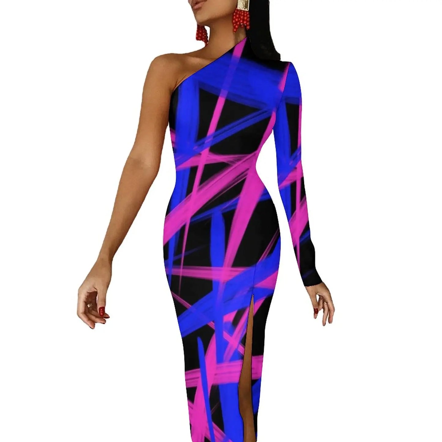Neon Paint Long Dress Women Graffiti Splatter Print Party Maxi Dress Summer Long Sleeve Sexy Bodycon Dresses Side Split Clothes