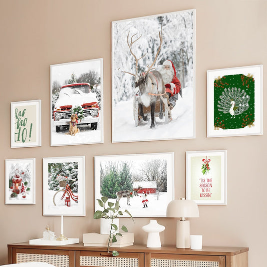 Santa Claus Deer Red Vintage Car Christmas Living Room Decoration Posters And Prints Wall Art Canvas Painting Wall Pictures Home