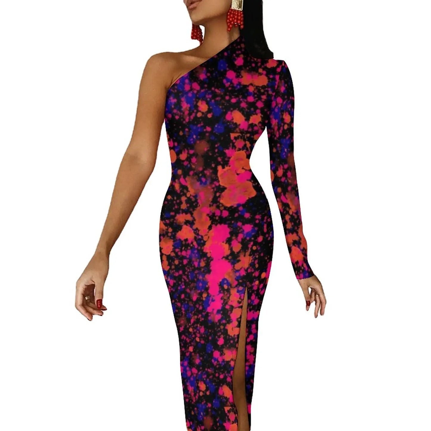 Neon Paint Long Dress Women Graffiti Splatter Print Party Maxi Dress Summer Long Sleeve Sexy Bodycon Dresses Side Split Clothes