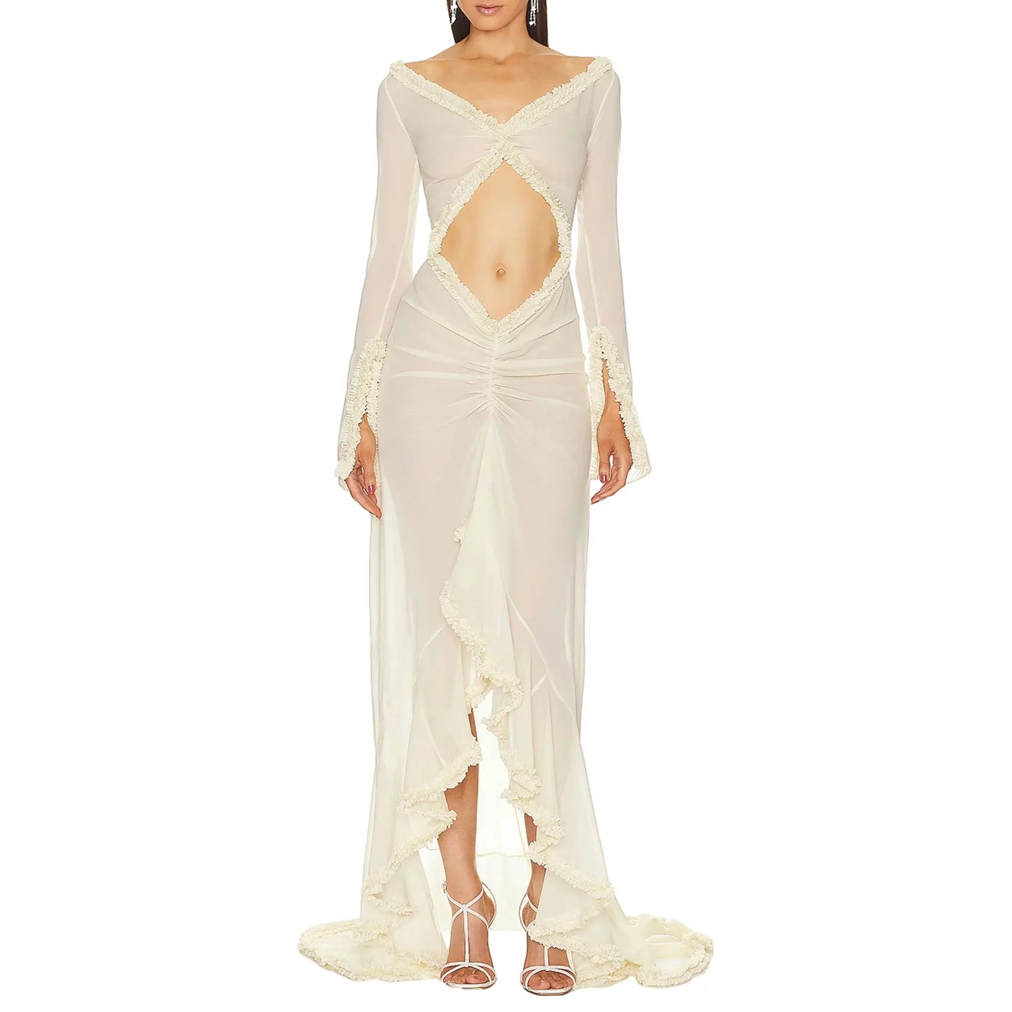 qgtao Sexy Women's Babydoll Lingerie Long Sleeve V Neck Chemise Mesh Nightwear Long Gown Frill Trim Sheer Nighty Dress