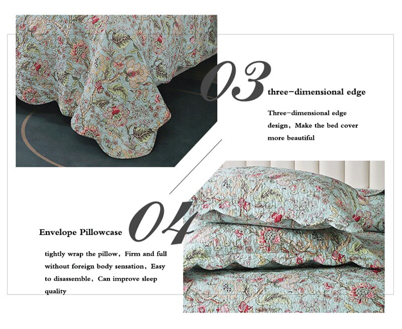 Yeknu Double Bed 100% Cotton Plants And Flowers 3pcs Printed Quilted Quilt Pillowcase Free Shipping