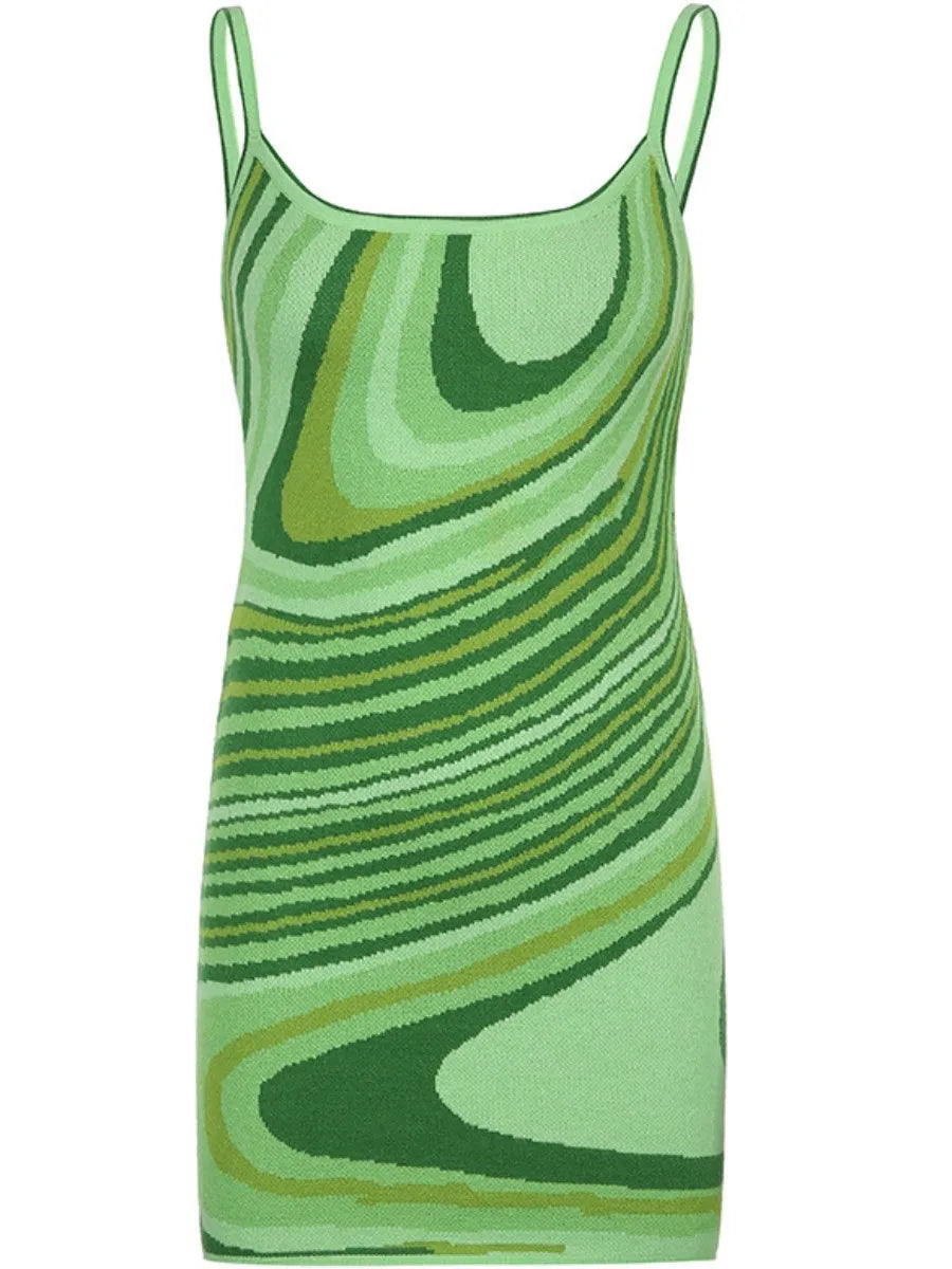 qgtao  Color Block Mini Dreses Spaghetti Straps Sexy Waist Water Ripple Printing Knitted Suspender Bodycon Cami Dress plus