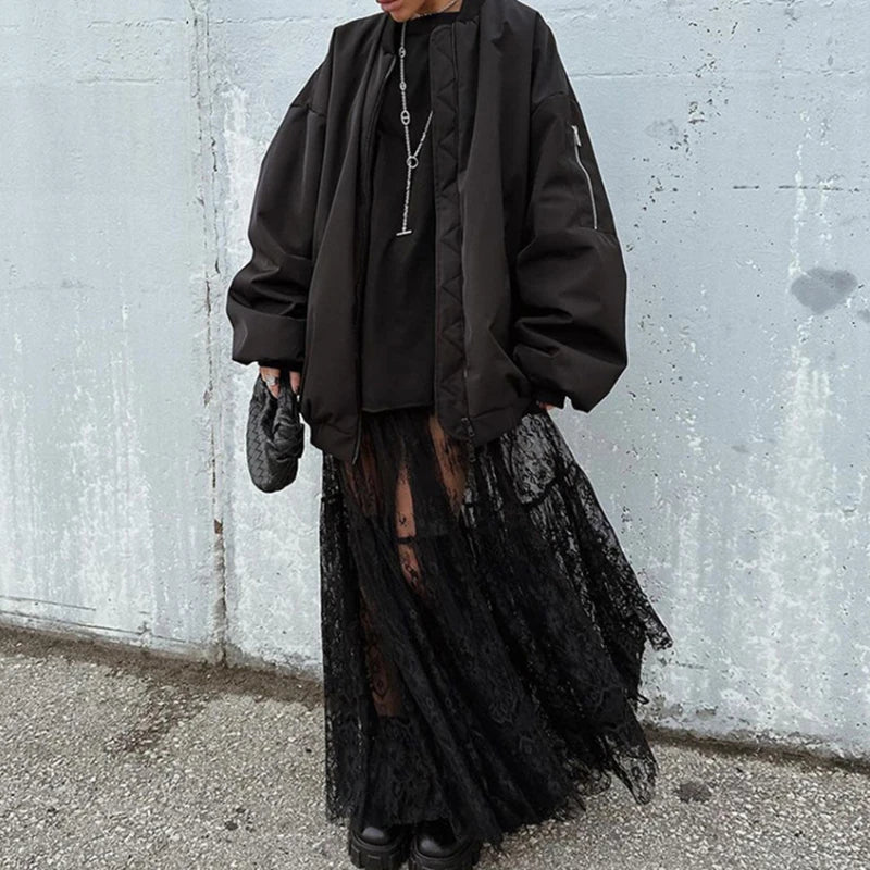 HOUZHOU Black Long Lace Skirt Women Summer Sexy High Waist A-line Casual Transparent Midi Skirt Party Evening Dress Female
