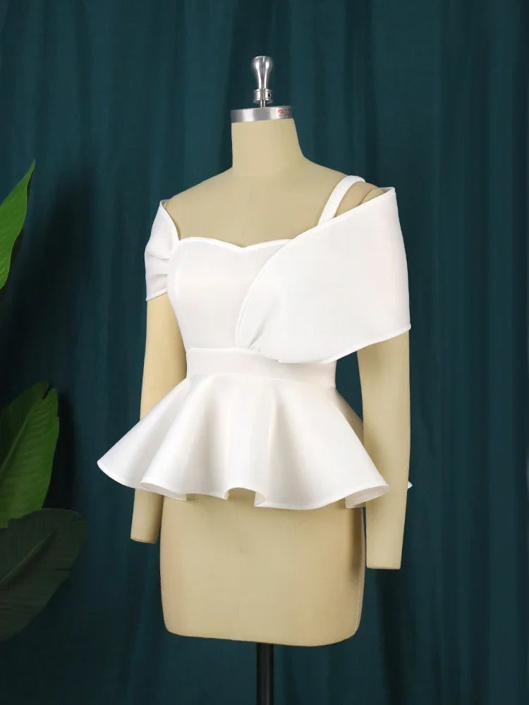 qgtao White Tops Off Shoulder Spaghetti Strap Peplum Blouses Sexy Women Party Fashion Plus Size Evening Cocktail Shirts Bluas