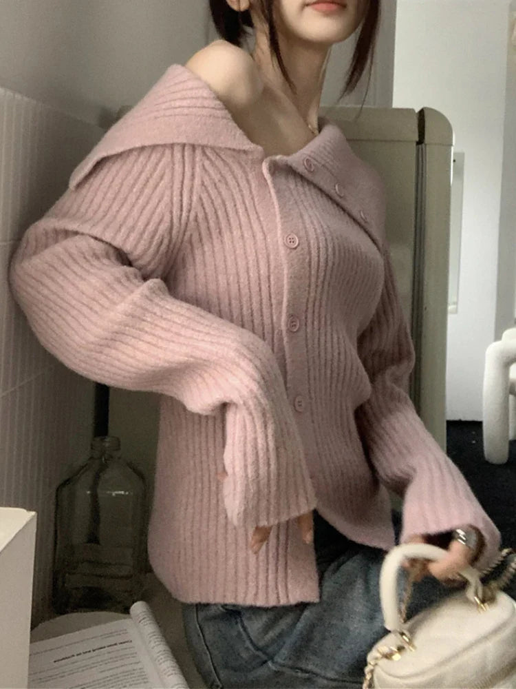 UCXQ Winter Women's Sweater 2024 New Versatile Sexy Coats Solid Irregular Off Shoulder Knitted Cardigan French Retro Knitwears
