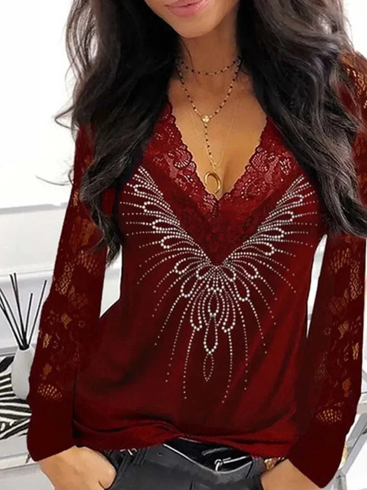 Sexy Black Lace Tops Women See Through Deep V Printing Long Sleeve Lady Oversize 5Xl Large Blouse Autumn Clothes