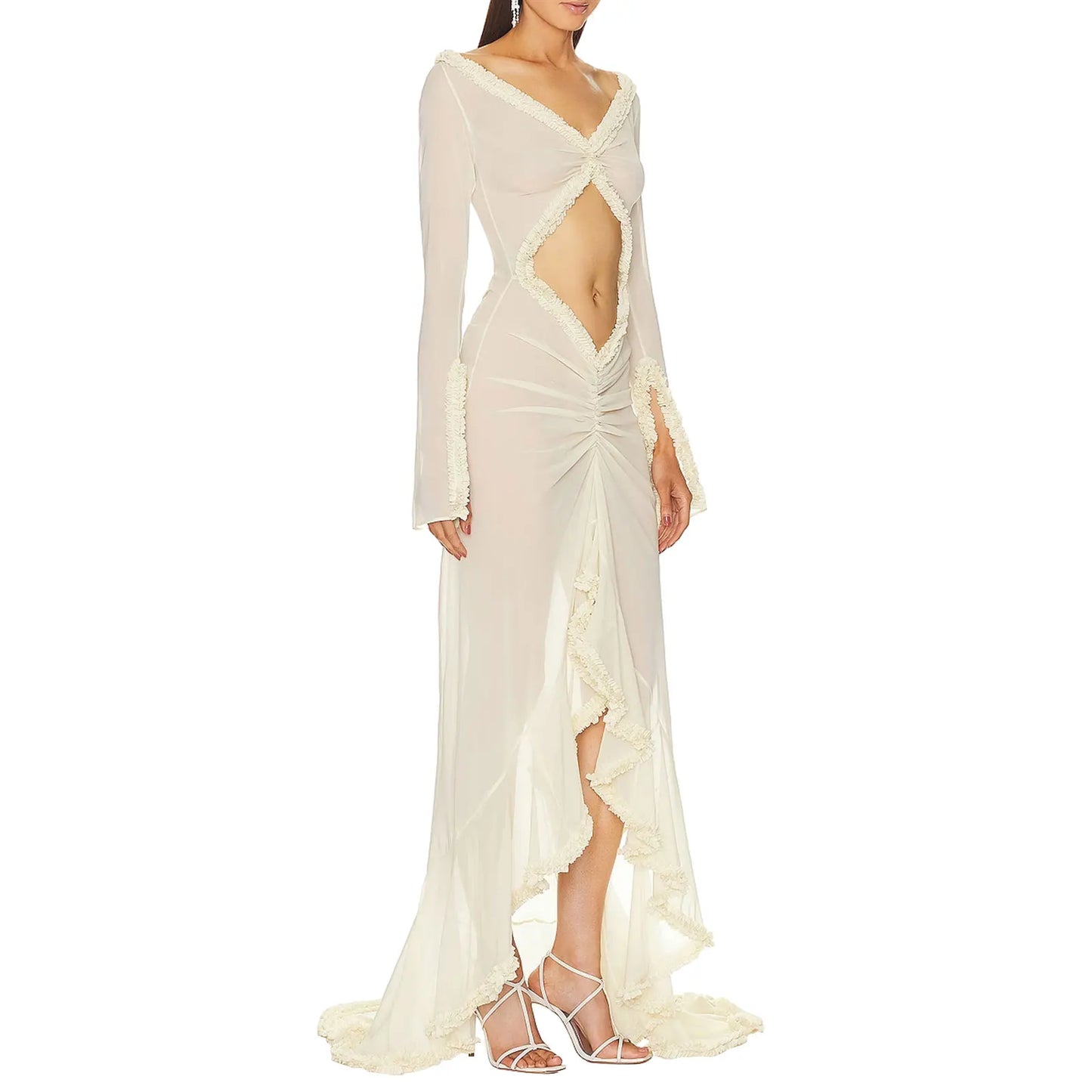 qgtao Sexy Women's Babydoll Lingerie Long Sleeve V Neck Chemise Mesh Nightwear Long Gown Frill Trim Sheer Nighty Dress