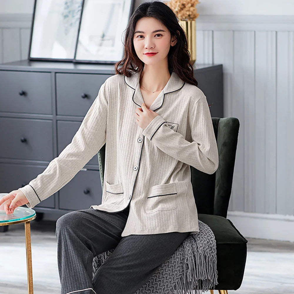 qgtao M-3XL 100% Cotton Elastic Waist Trousers Sets Spring Autumn Print Sleepwear Women's Big Size Pajama Breathable Soft Pijama Mujer