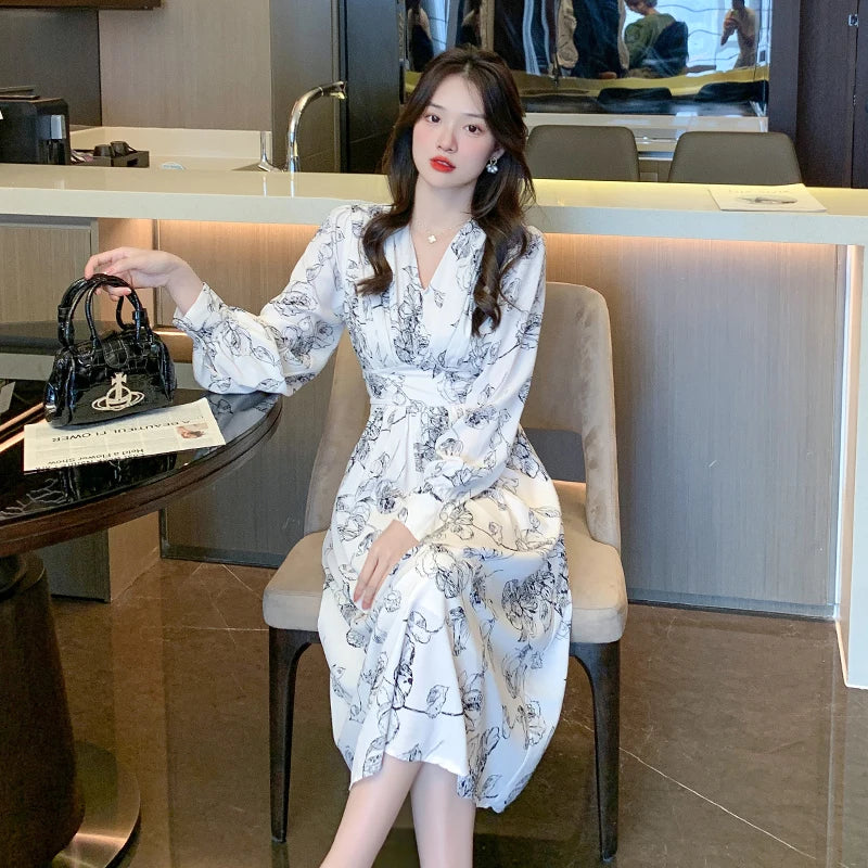 qgtao-New Vintage Floral Dress for Women with Long Sleeves Office Lady V-neck Elegant Chic Ladies Slim Print Dresses Autumn Fashion