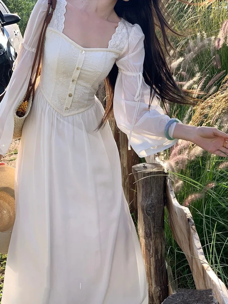 qgtao French Vintage Flare Sleeve Midi Dresses for Women Square Collar A-line Autumn New Casual Solid Party Dress Female Clothing