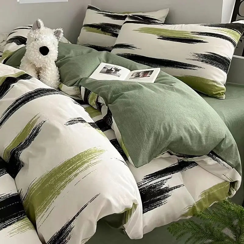 Yeknu Ins Stripe Bedding Set Green Black Duvet Cover with Pillowcase Simple Quilt Cover Adults Single Double Full Size
