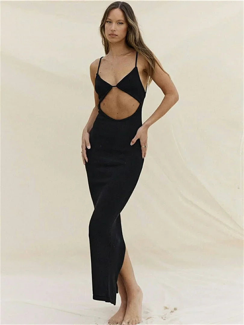 qgtao Backless Suspender Beach Dress Elegant Party Women Sleeveless V-Neck Cutout Bodycon Mini Sundress Sexy Split Wrap Sexy Dress