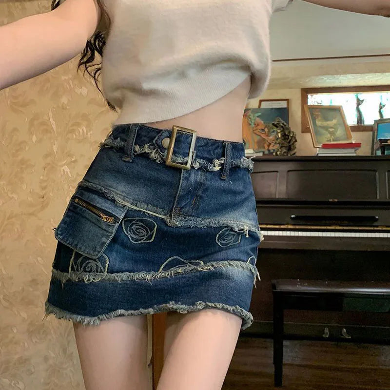 Vintage Distressed Denim Skirt Women 2023 Summer Raw Edge Embroid Design Mini Skirts Woman Korean High Waist Skirt with Shorts