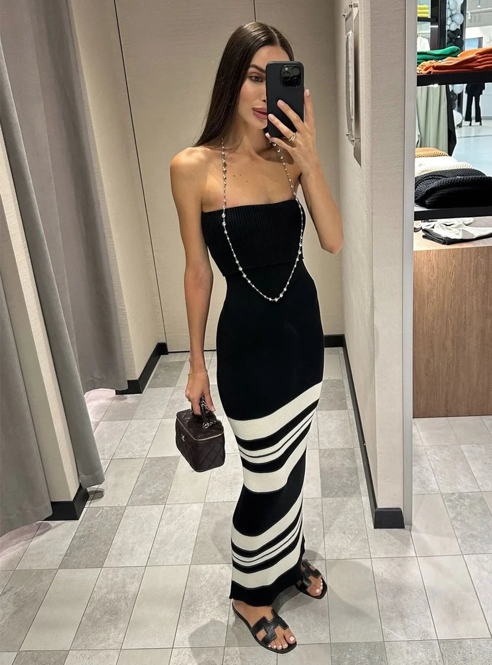 qgtao - 2024 Autumn Women Elegant Strip Backless Loose Knitted Dresses Female Off Shoulder Strapless Pachwork Slim Dress Lady Partywear