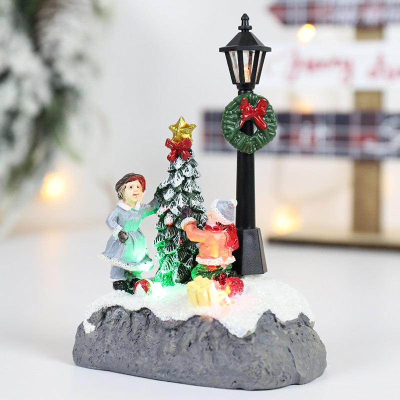 LED Christmas Village Ornaments Microlandscape Resin Figurines Decoration Santa Claus Pine Needles Snow View Holiday Gift