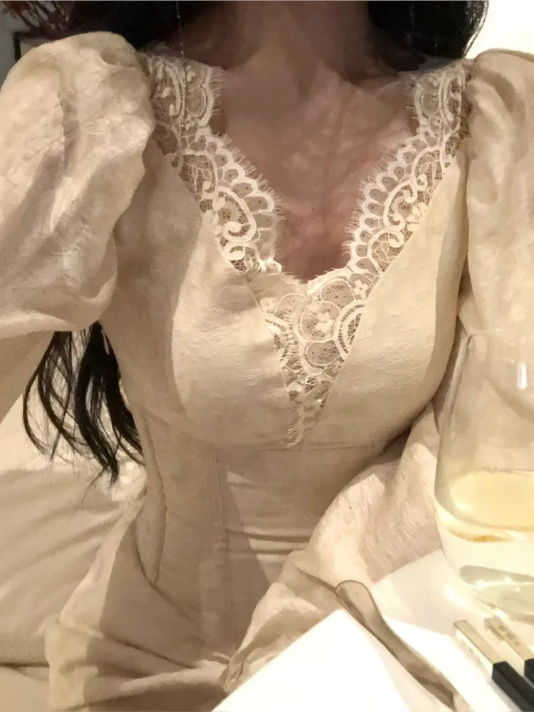 qgtao Autumn Bodycon Midi Dresses for Women Lantern Sleeve Lace V-neck Slim Waist Mermaid Wedding Evening Party Dress Female Vestidos