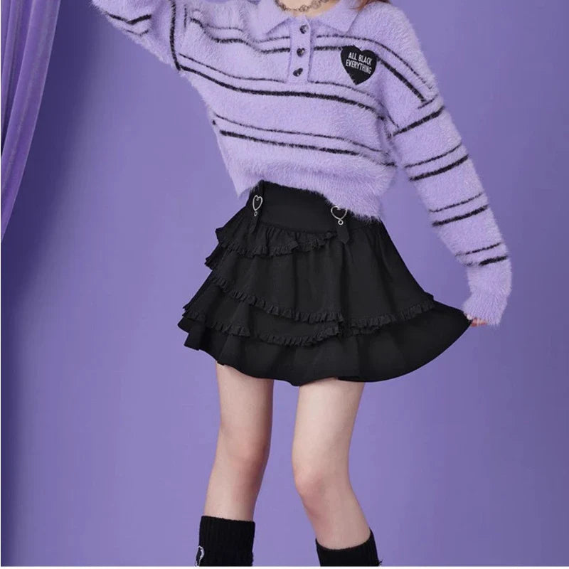 qgtao Black Y2k Mini Skirt Women Sweet Harajuku Kawaii Ruffle Gothic Patchwork Short Skirt Casual Grunge Street A-line Skirts