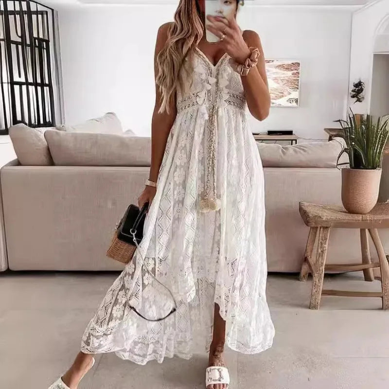 qgtao Women's Summer Beach Dress Cover Up Slip Boho Maxi Dress Lace Up Tassel V-Neck Flare Ruffle White Beach Dresses 2024 Vacation