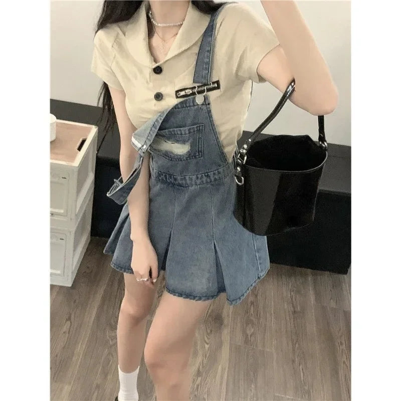 qgtao-Denim Overall Dresses Women Summer Vintage Blue Elegant Y2k Folds Camisole Pleated Dress Mini Fashion Hotsweet Korean Vestidos