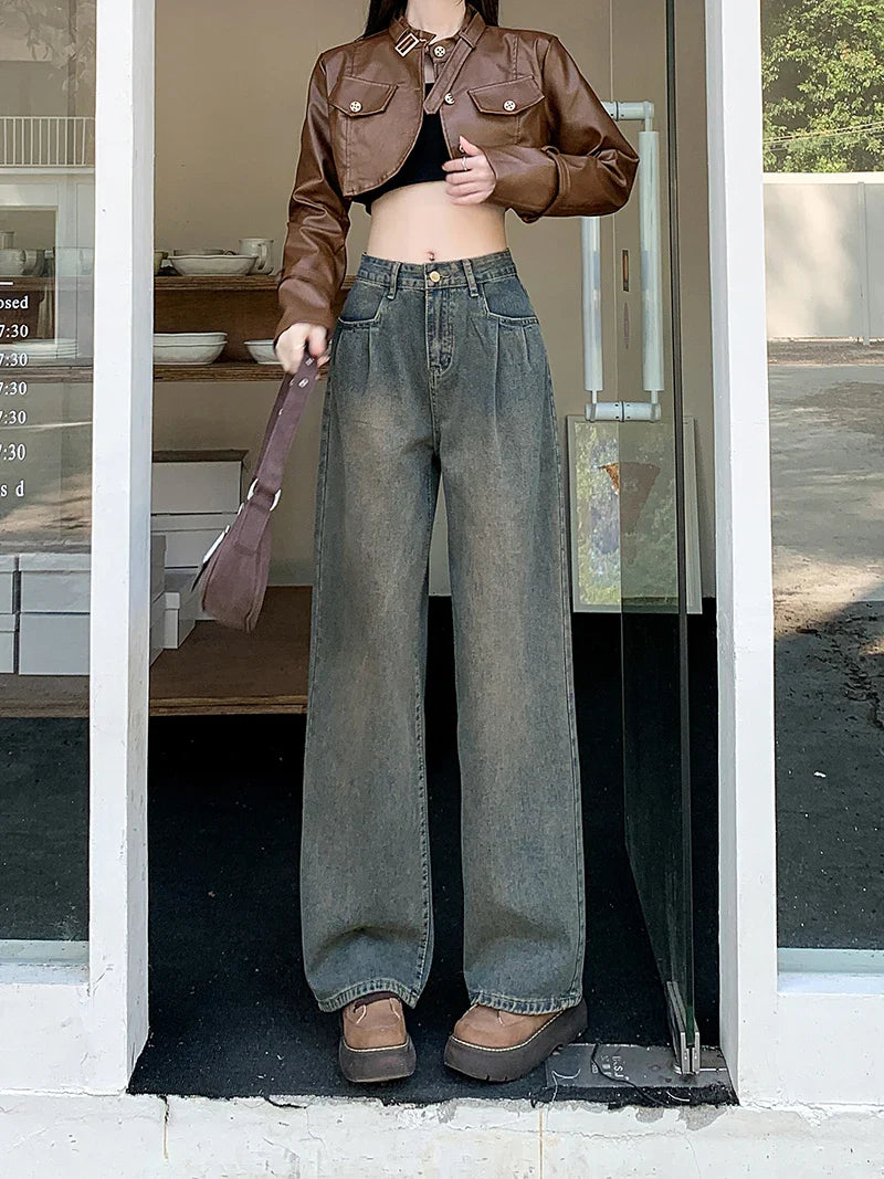 qgtao Retro American Do Old Basic Simple Woman Jeans New Loose Slim Chicl Woman Jeans High Waiste Fashion Street Pants Female